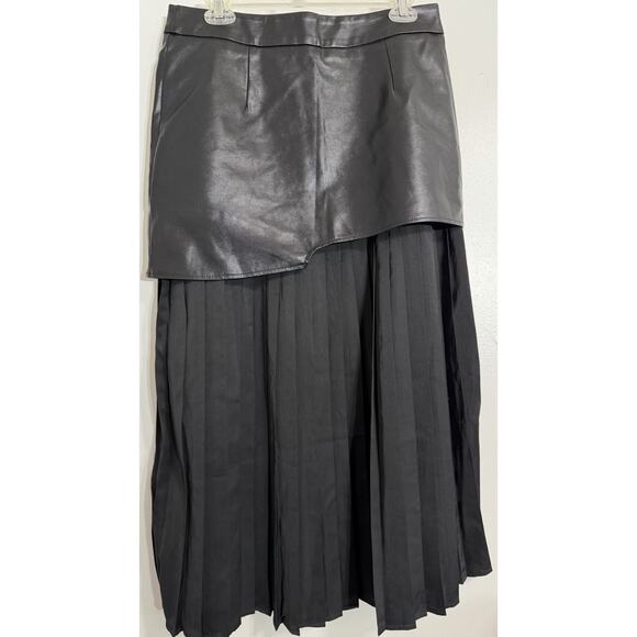 Commense Maxi Skirt Asymmetric Patchwork Faux Leather Chiffon Pleated LARGE L 32 - Picture 1 of 3